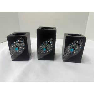 Set of 3 Black Wood Teal Turquoise Feather Candle Holders Holders